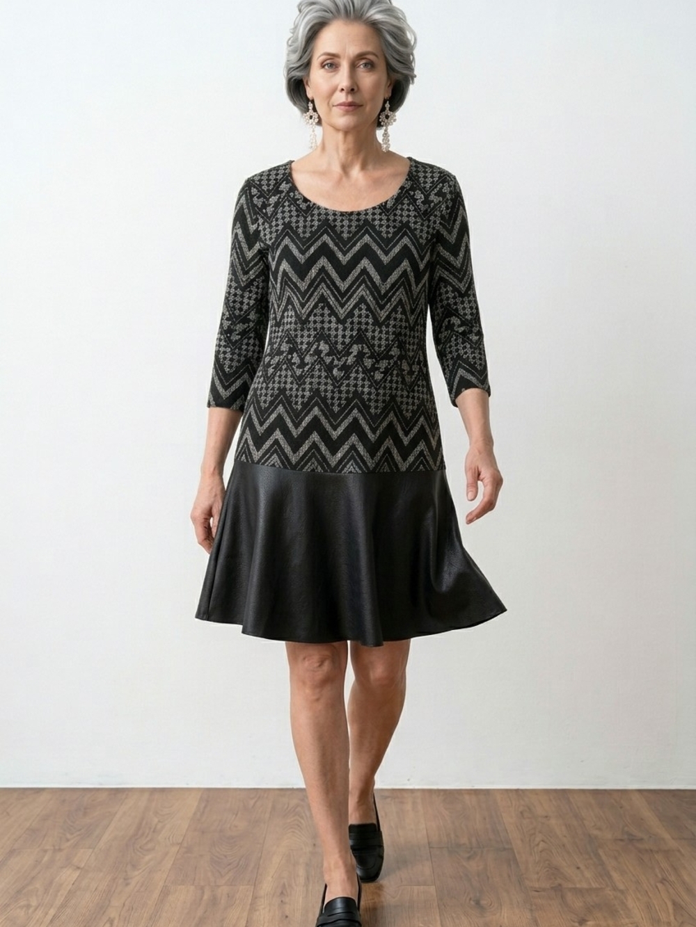 Black Chevron Knit & Faux-Leather Flounce Dress